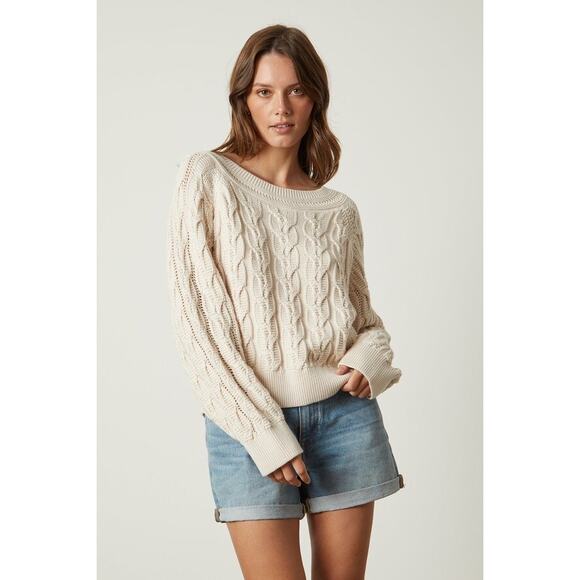VELVET Graham & Spencer Sweater Dennie Boat Neck Cable Knit Cream Pullover Sz S - Picture 3 of 9